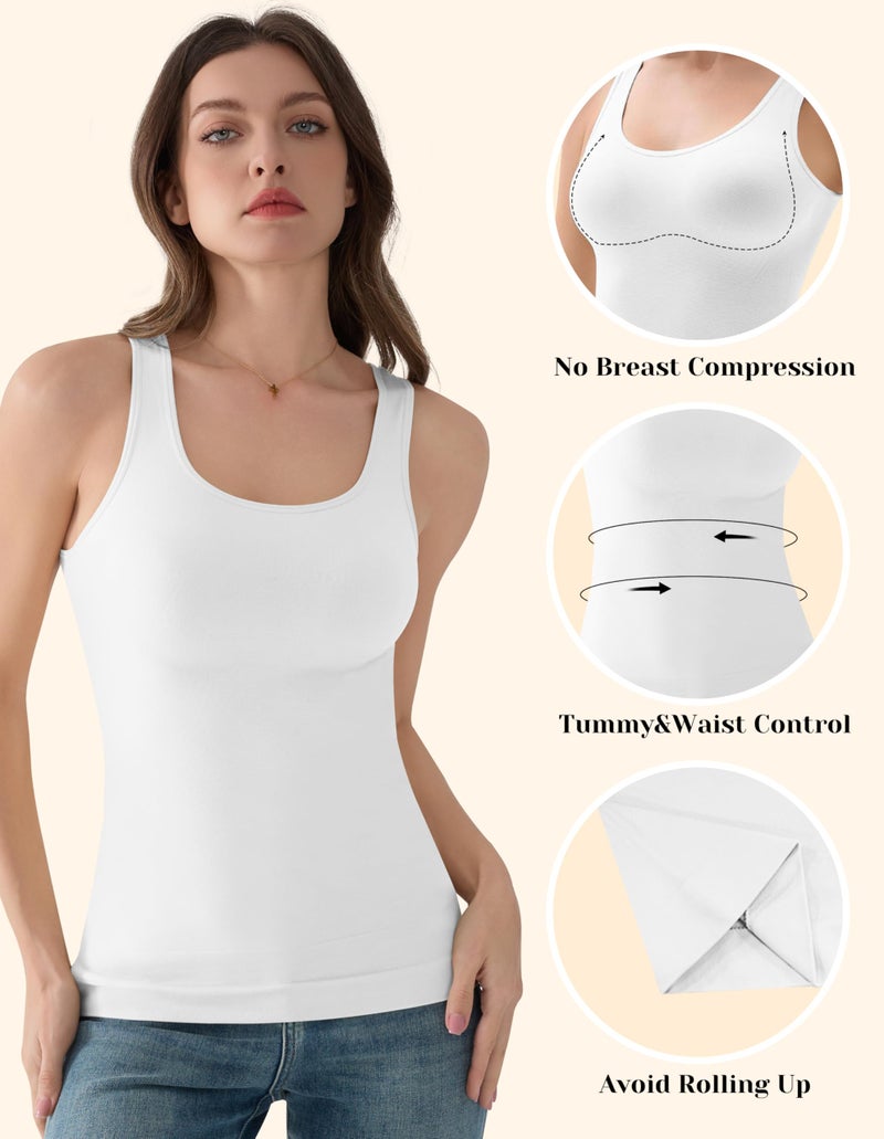 EUYZOU Women's Tummy Control Shapewear Tank Tops - Seamless Body Shaper Compression Top - White L - Image 4